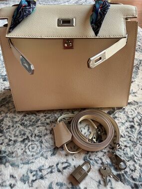 Cream Leather Top-Handle Women’s Satchel with Scarf Accent